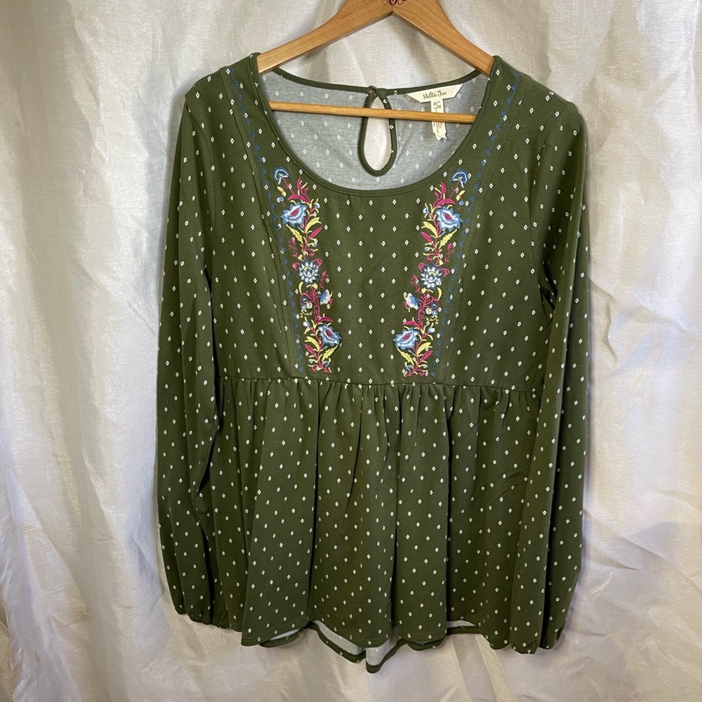 Matilda Jane Green White Polka Dot Floral Embroidered Long Sleeve Stretch Blouse